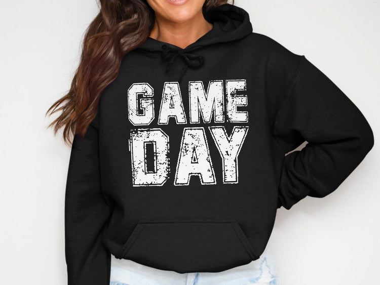Black hoodie with distressed white text reading "GAME DAY" across the chest.