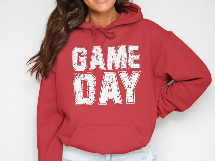 Red hoodie with distressed white "GAME DAY" text and a front pocket.