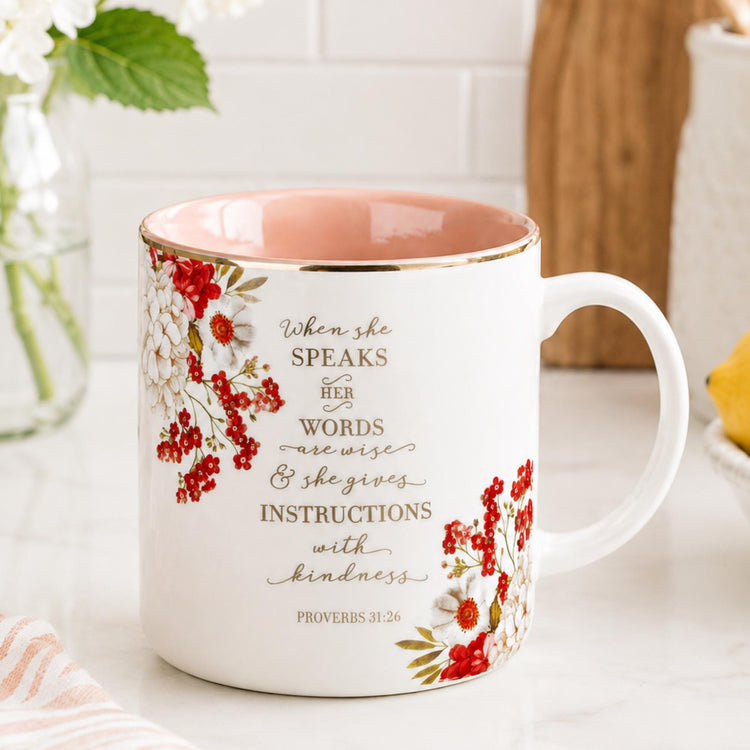 Proverbs 31:26 Christian Mug, Floral Wisdom Verse, Pink Interior, Gold Accents