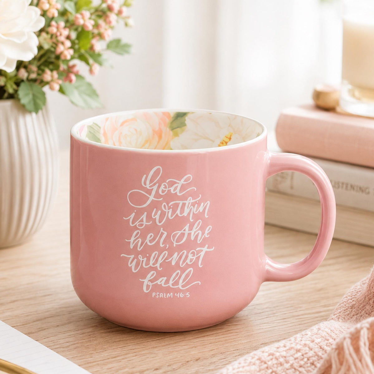 Pink Floral Christian Mug, Psalm 46:5 Scripture, Faith Gift for Women