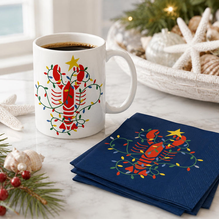 Coastal Christmas Lobster Mug & Napkins Set, Nautical Holiday Decor