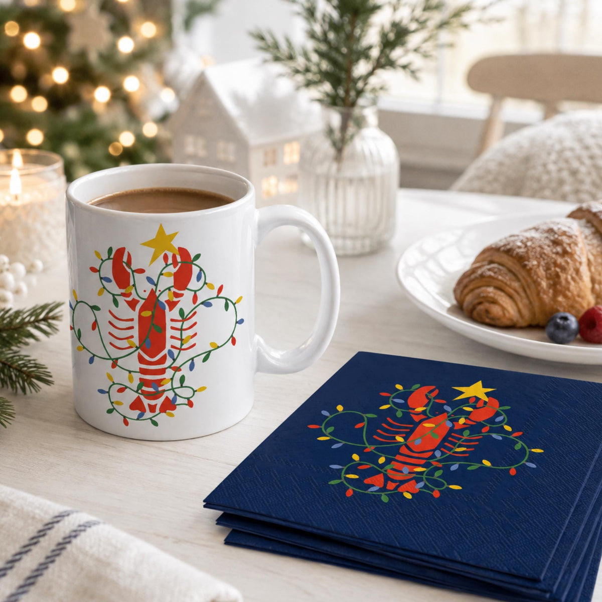 Coastal Christmas Lobster Mug & Napkins Set, Nautical Holiday Decor