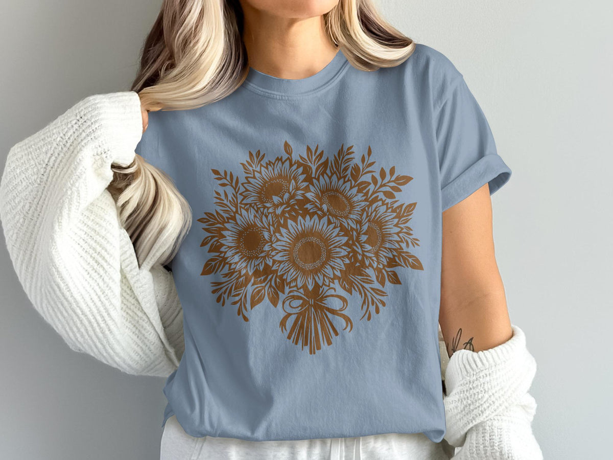 Light blue t-shirt with a brown sunflower bouquet graphic.
