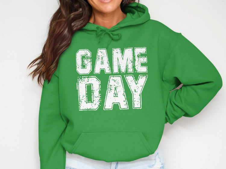Green hoodie with distressed white "GAME DAY" text across the chest.