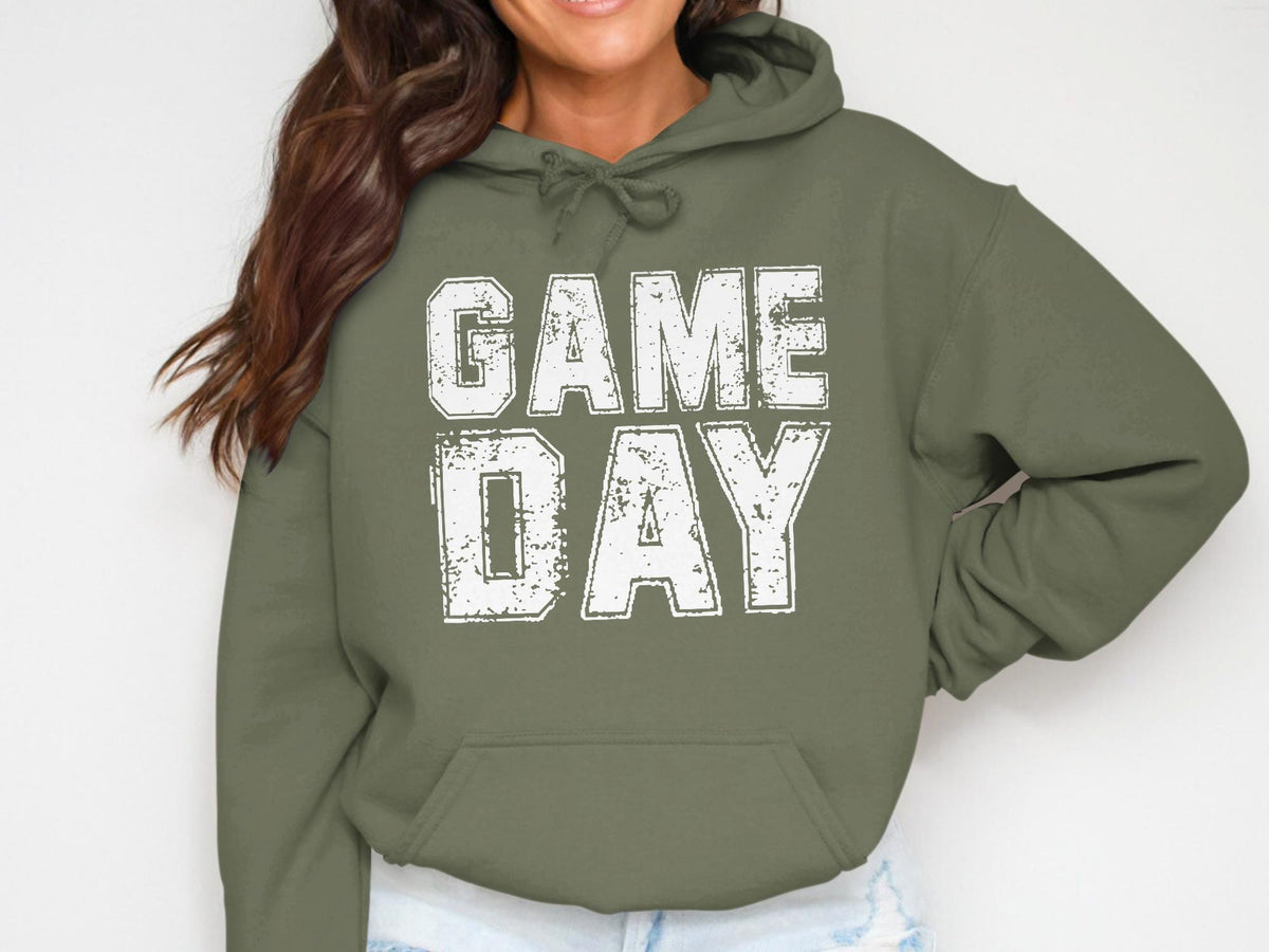 Olive green hoodie with white "GAME DAY" distressed text.