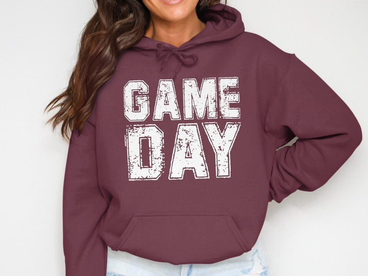 Maroon hoodie with distressed white "GAME DAY" text and a front pouch pocket.