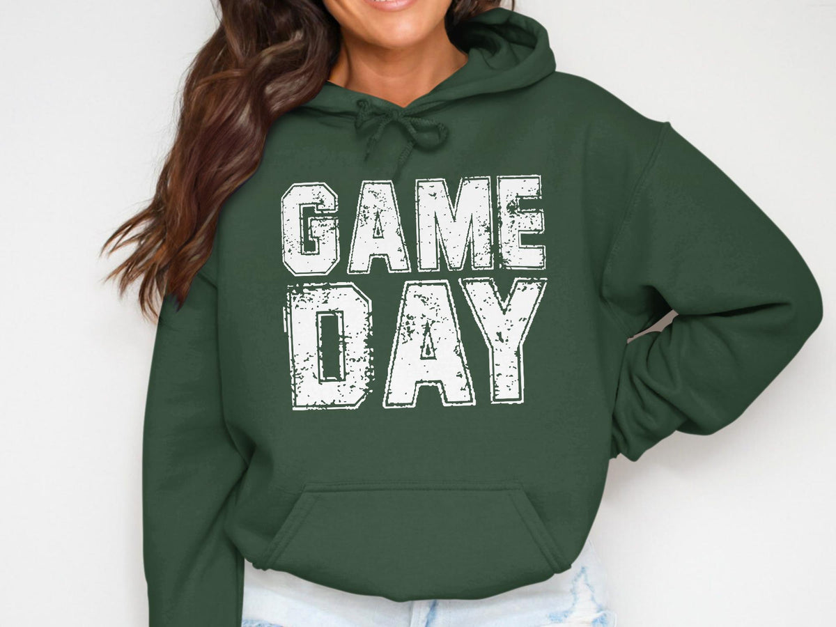 Green hooded sweatshirt with white "GAME DAY" graphic across the chest.