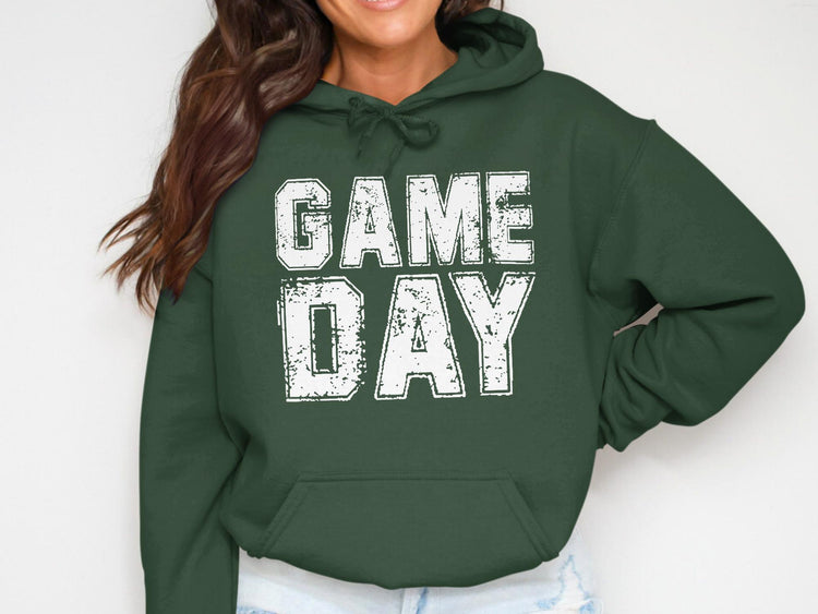 Green hooded sweatshirt with white "GAME DAY" graphic across the chest.