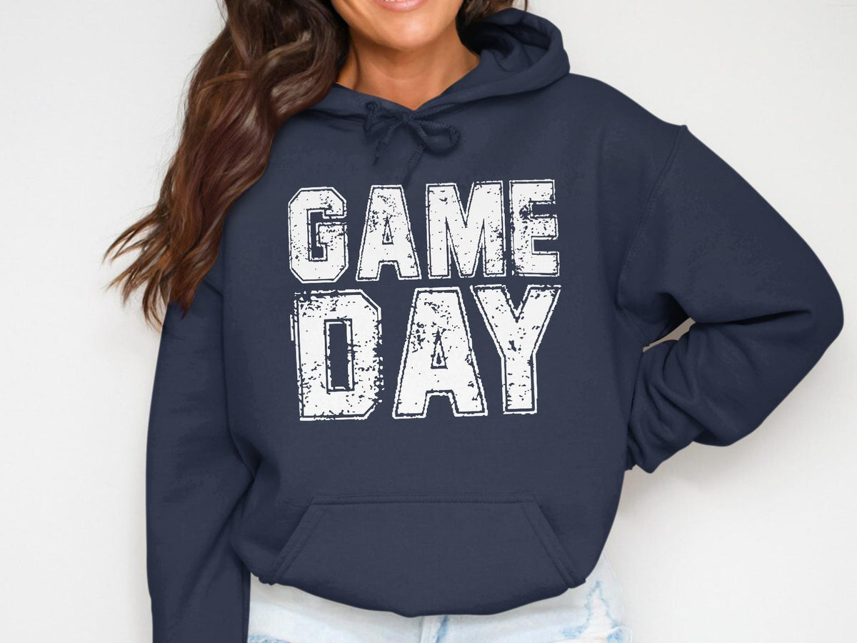 Navy blue hoodie with distressed white text that reads "GAME DAY".