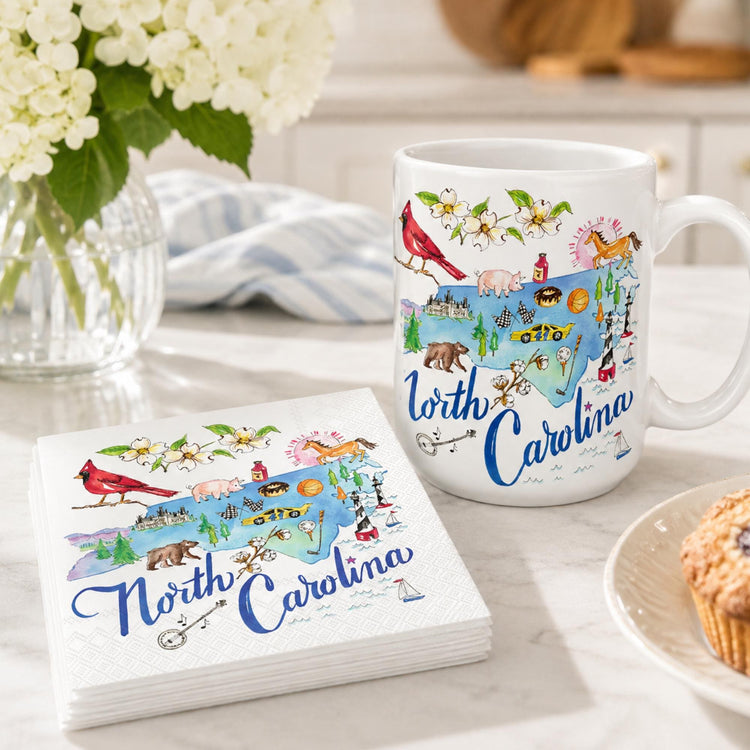 North Carolina Mug & Napkin Set, Illustrated State Design, Southern Gift