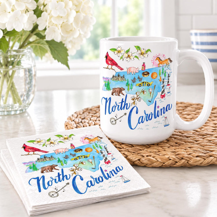 North Carolina Mug & Napkin Set, Illustrated State Design, Southern Gift