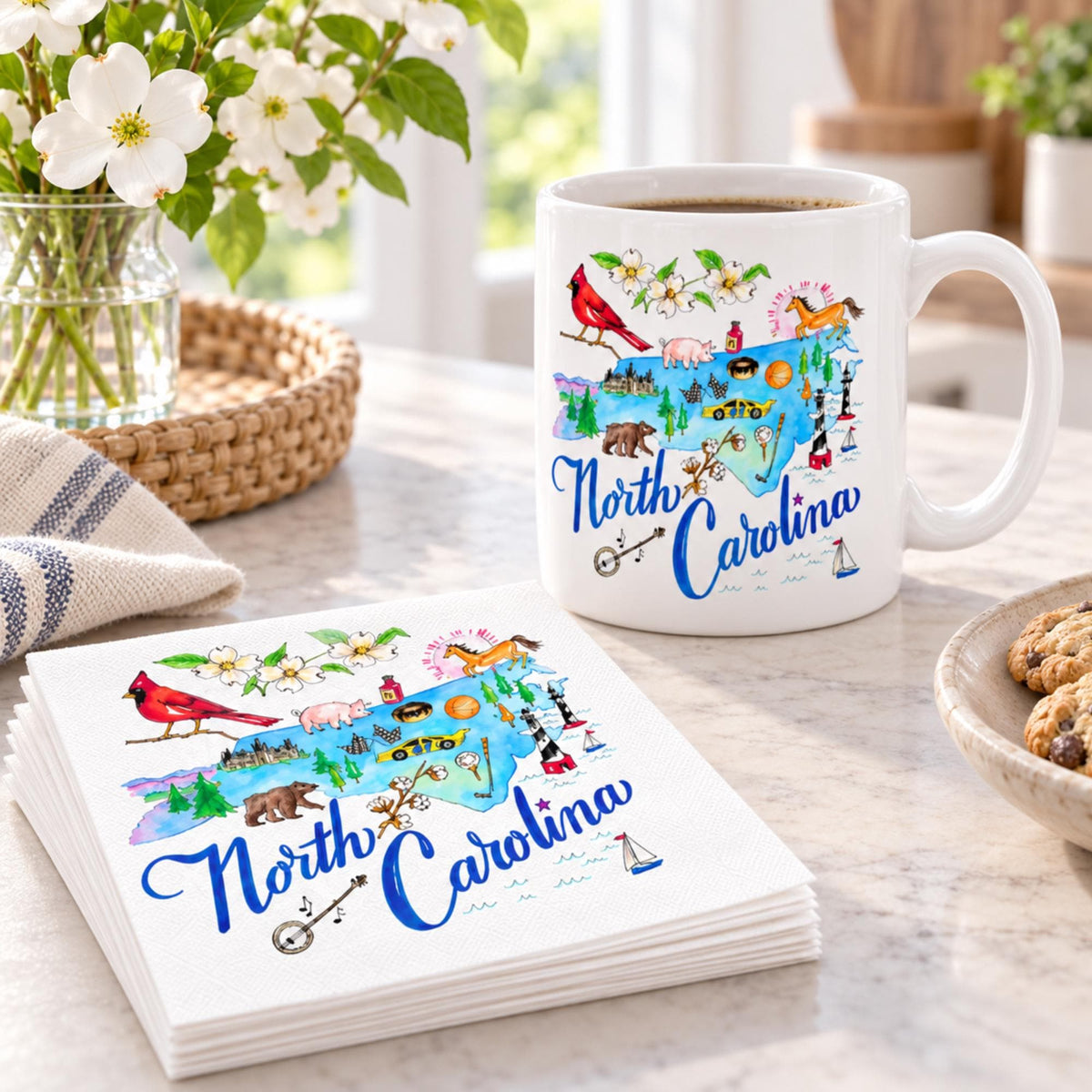North Carolina Mug & Napkin Set, Illustrated State Design, Southern Gift