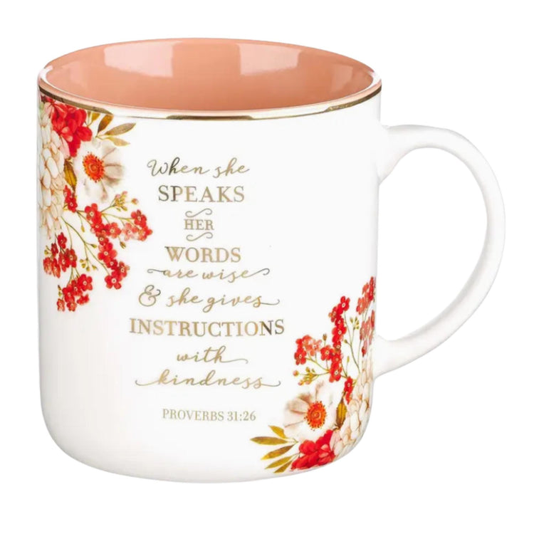 Proverbs 31:26 Christian Mug, Floral Wisdom Verse, Pink Interior, Gold Accents