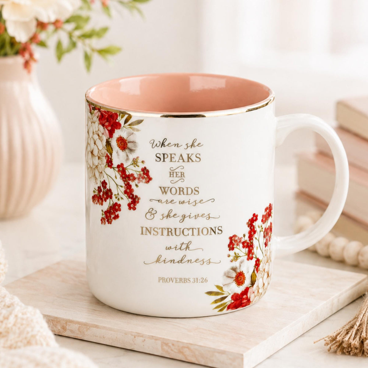 Proverbs 31:26 Christian Mug, Floral Wisdom Verse, Pink Interior, Gold Accents