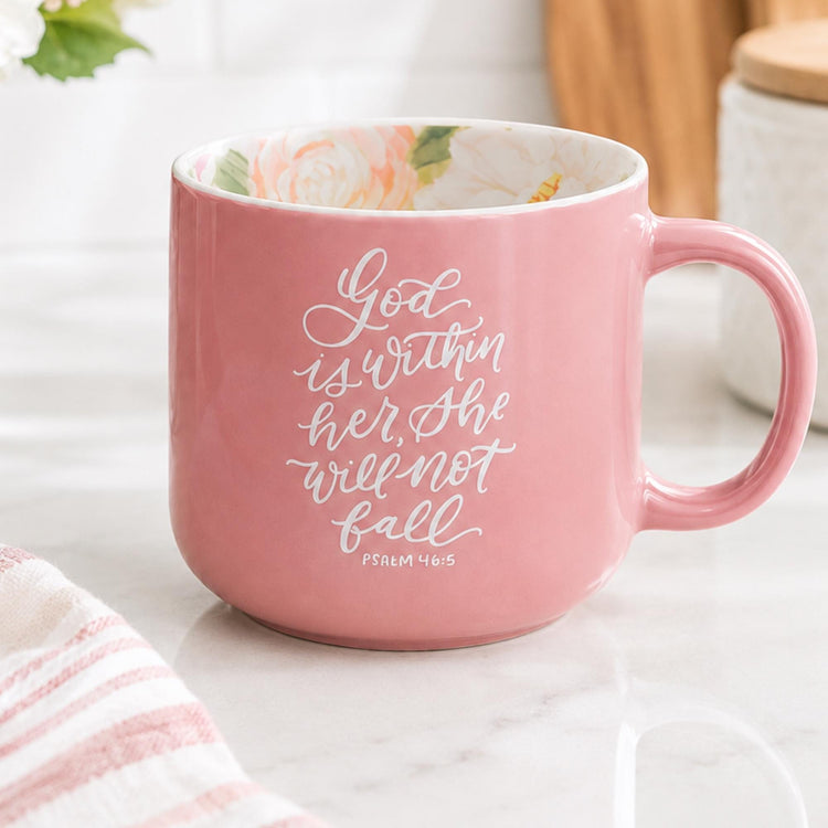 Pink Floral Christian Mug, Psalm 46:5 Scripture, Faith Gift for Women