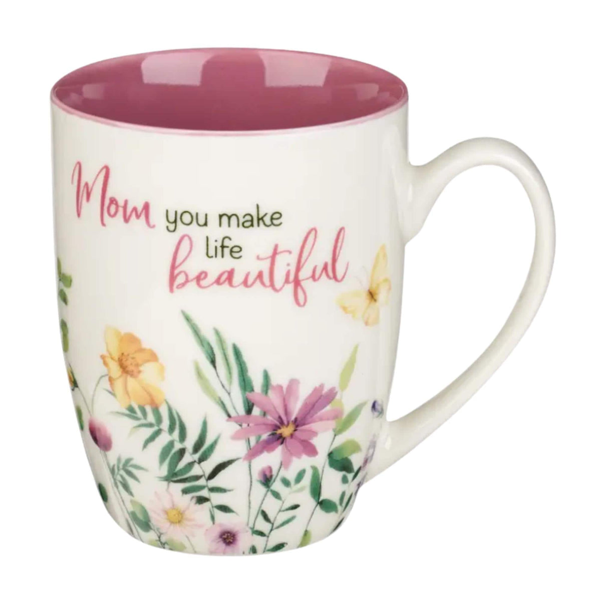 Floral Mom Mug, Inspirational Coffee Cup, Watercolor Wildflowers, Butterfly (Pink Interior)