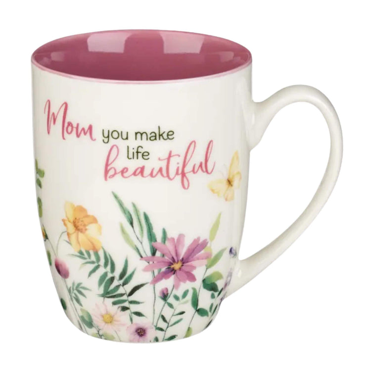 Floral Mom Mug, Inspirational Coffee Cup, Watercolor Wildflowers, Butterfly (Pink Interior)