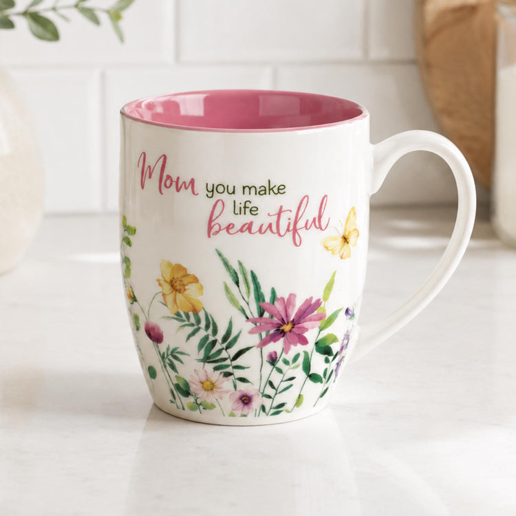 Floral Mom Mug, Inspirational Coffee Cup, Watercolor Wildflowers, Butterfly (Pink Interior)