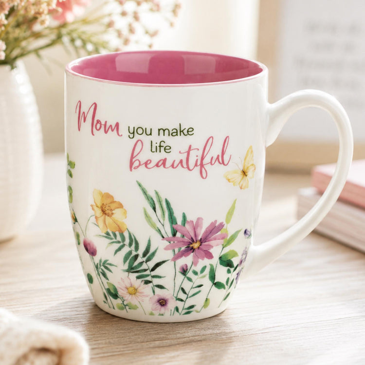 Floral Mom Mug, Inspirational Coffee Cup, Watercolor Wildflowers, Butterfly (Pink Interior)