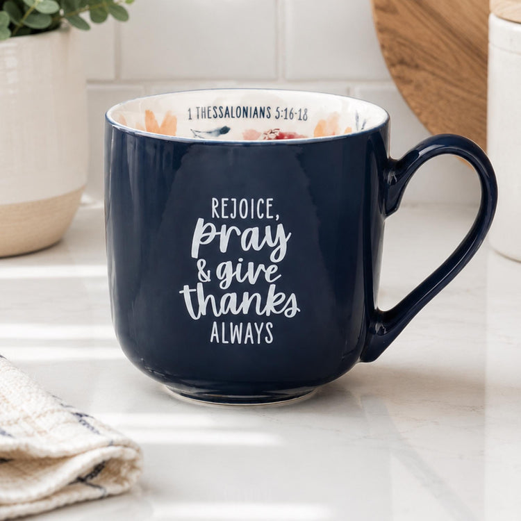 Navy Christian Mug, Rejoice Pray Give Thanks, 1 Thessalonians 5:16-18 (Gift for Women)