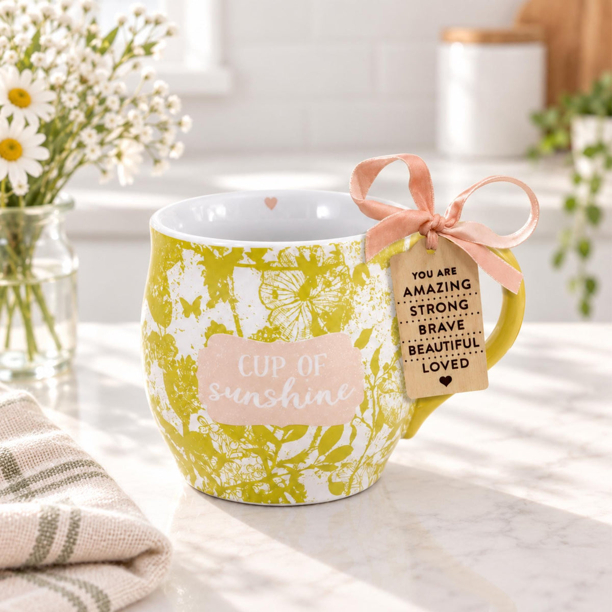 Floral Ceramic Mug, Inspirational Message, Boho Coffee Cup, Cup of Sunshine