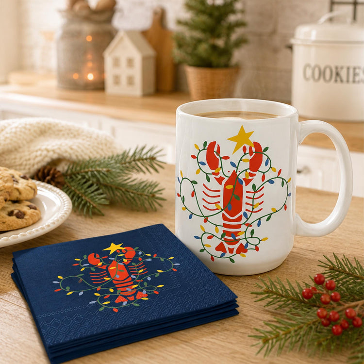 Coastal Christmas Lobster Mug & Napkins Set, Nautical Holiday Decor