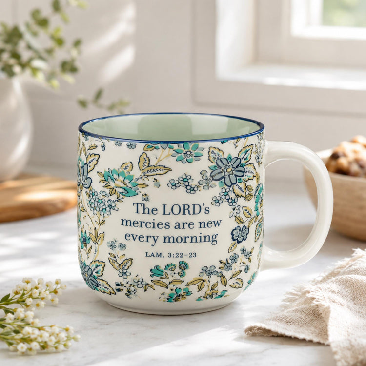 Floral Christian Mug, Lamentations 3:22-23, New Every Morning, Scripture Coffee Cup