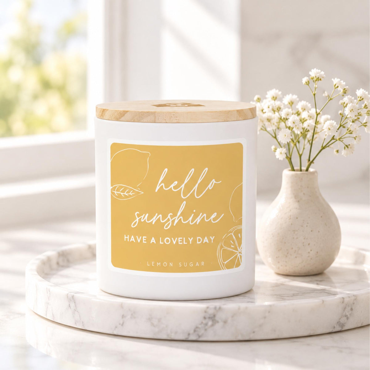 Hello Sunshine Lemon Sugar Candle | Citrus Scent, Uplifting Gift (Soy Wax)