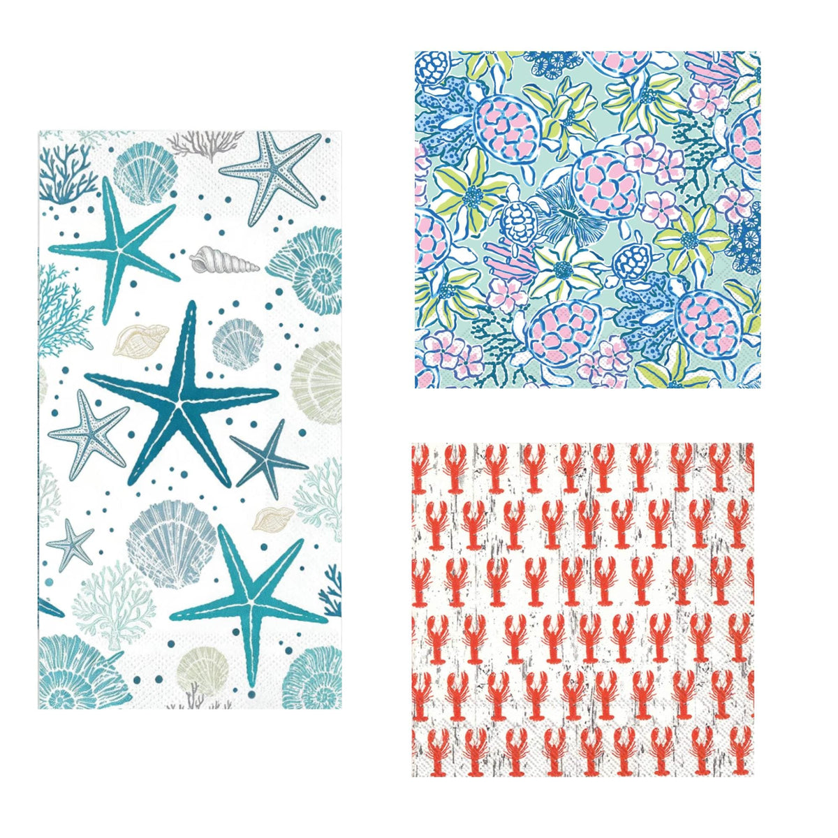 Coastal Decoupage Napkin Set, Beach Paper Napkins, Crab, Lobster, Fish, Starfish (Set of 15)