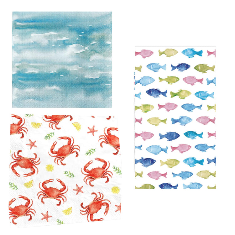 Coastal Decoupage Napkin Set, Beach Paper Napkins, Crab, Lobster, Fish, Starfish (Set of 15)