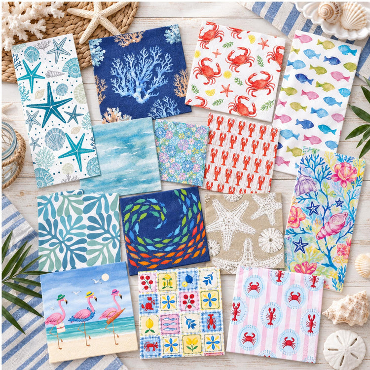 Coastal Decoupage Napkin Set, Beach Paper Napkins, Crab, Lobster, Fish, Starfish (Set of 15)