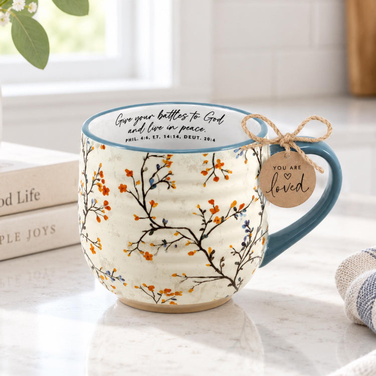Floral Christian Mug, Give Your Battles to God, You Are Loved Gift for Women, 18oz Coffee Cup