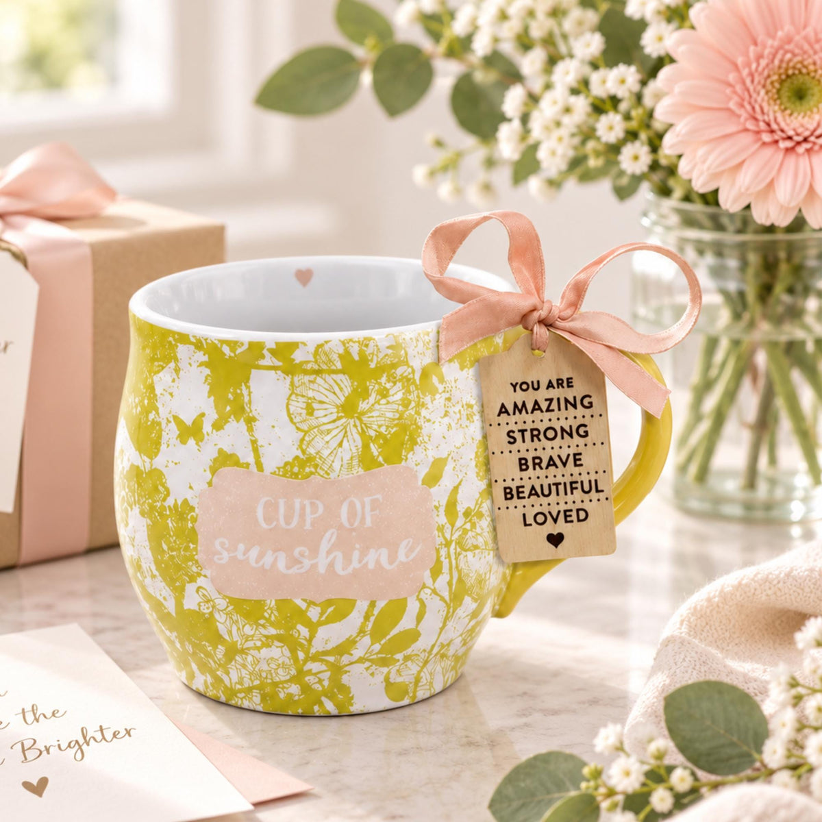 Floral Ceramic Mug, Inspirational Message, Boho Coffee Cup, Cup of Sunshine