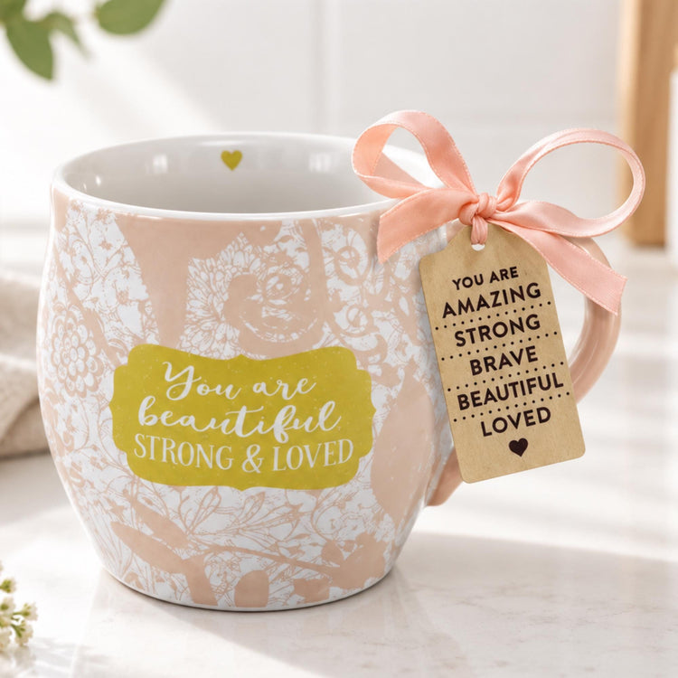 Inspirational Floral Ceramic Mug, You are Strong Gift, Blush Boho Coffee Cup