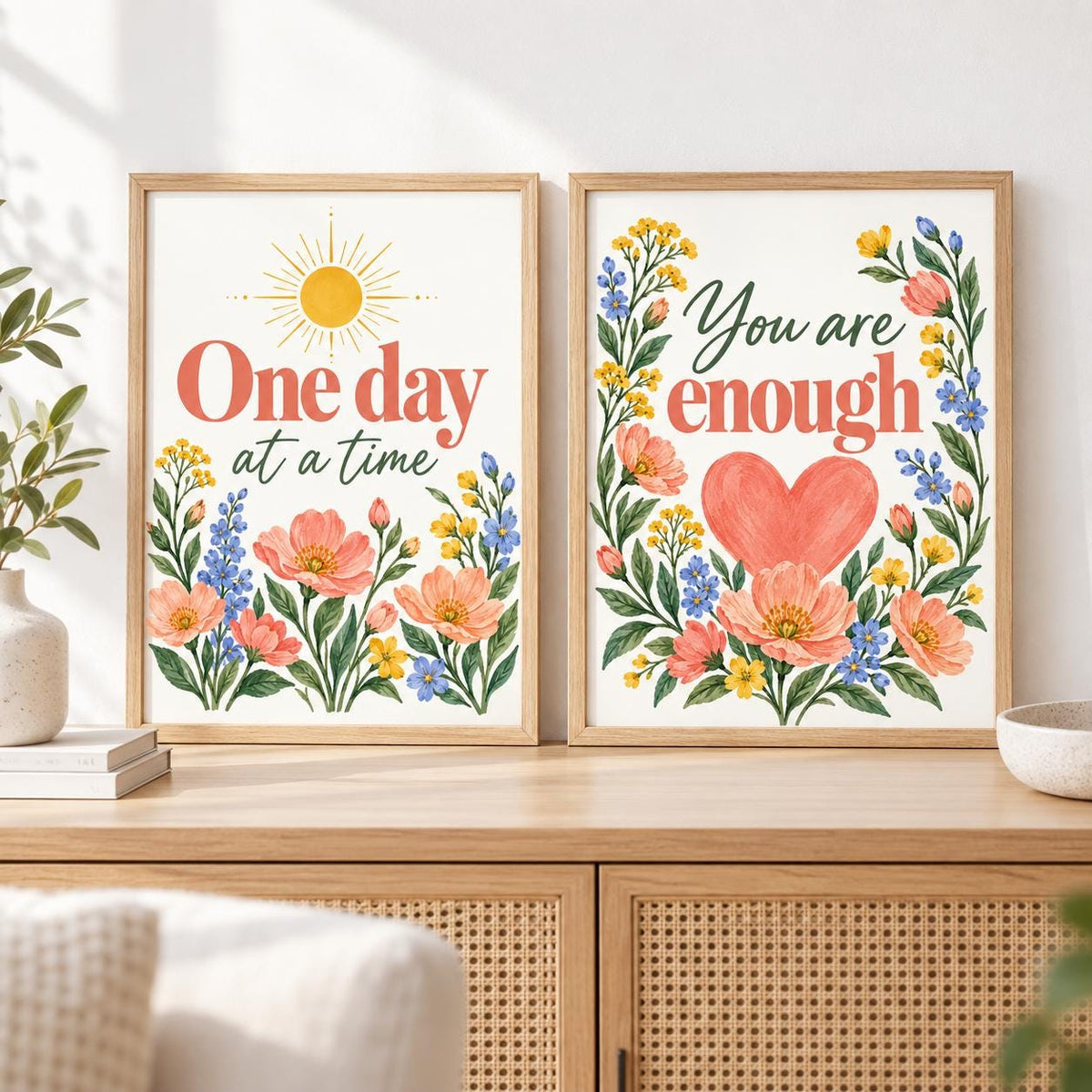 Mental Health Wall Art Set, Floral Encouragement Prints (Digital Download)