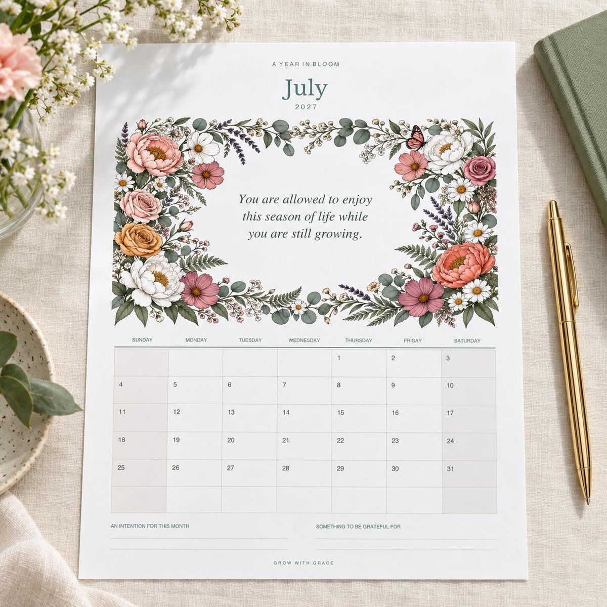 2027 Floral Wall Calendar Printable, 12 Month Digital Download PDF, Boho Flower Wall Art