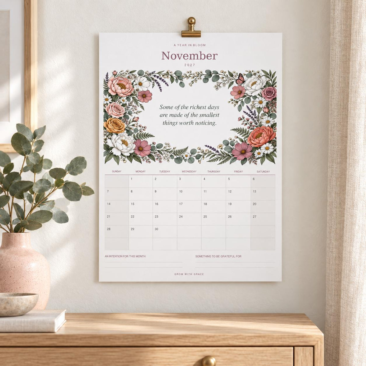 2027 Floral Wall Calendar Printable, 12 Month Digital Download PDF, Boho Flower Wall Art