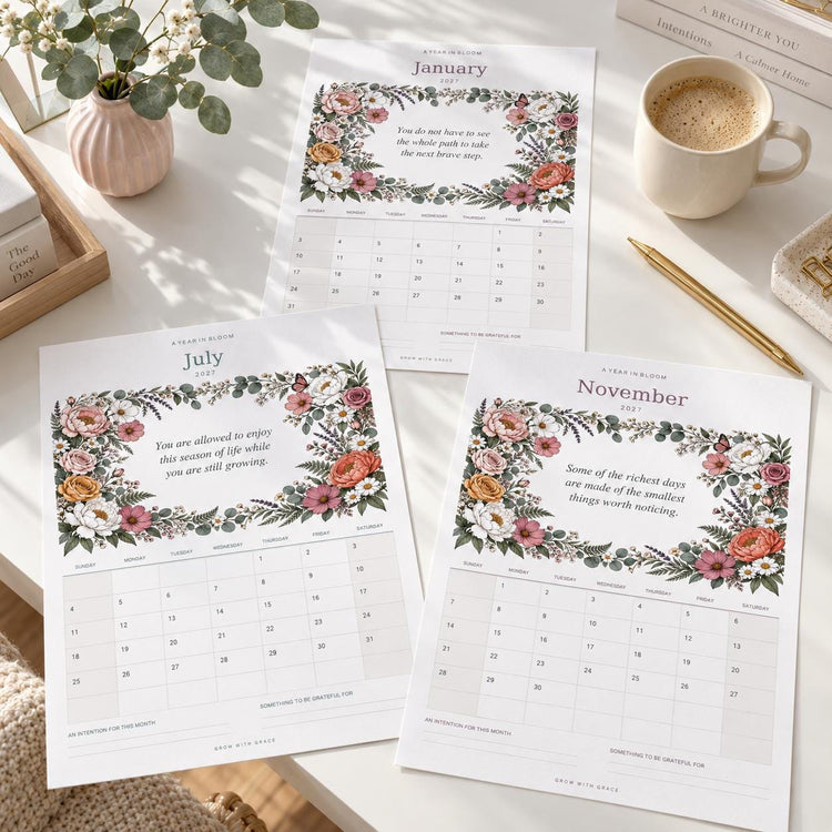 2027 Floral Wall Calendar Printable, 12 Month Digital Download PDF, Boho Flower Wall Art