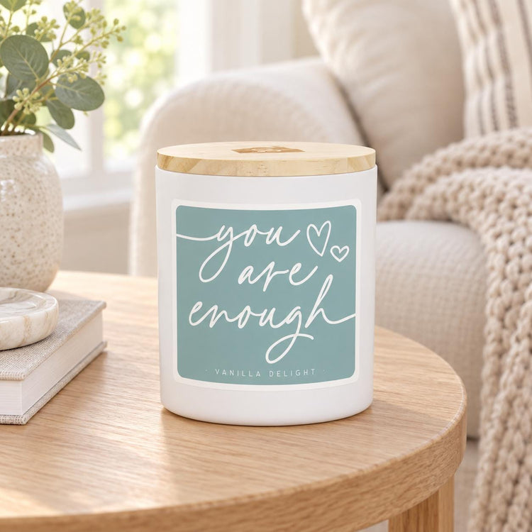 You Are Enough Vanilla Candle, Sage Label, Wooden Lid, Encouragement Gift