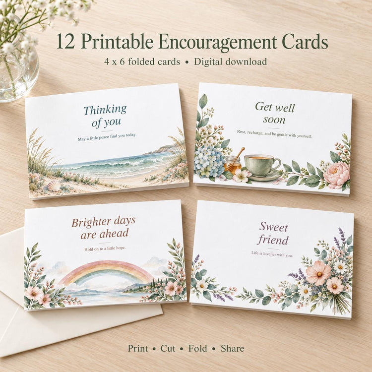 Printable Watercolor Encouragement Cards, Get Well Soon and Friendship Notes, Digital Download PDF