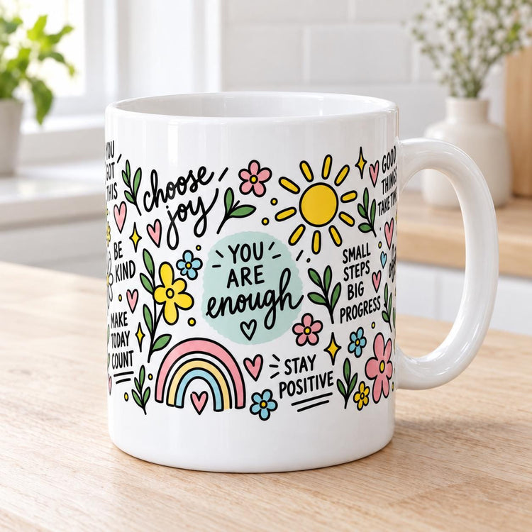 Hand-Drawn Affirmations Ceramic Mug | You Are Enough, Stay Positive (11oz)