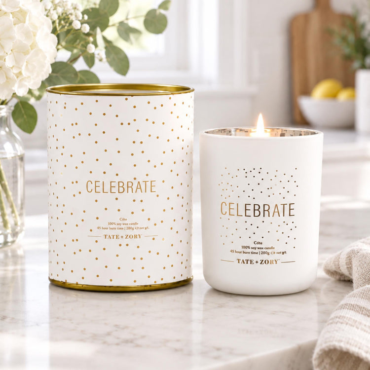 Celebrate Soy Candle | White Vessel with Gold Accents | Birthday Gift