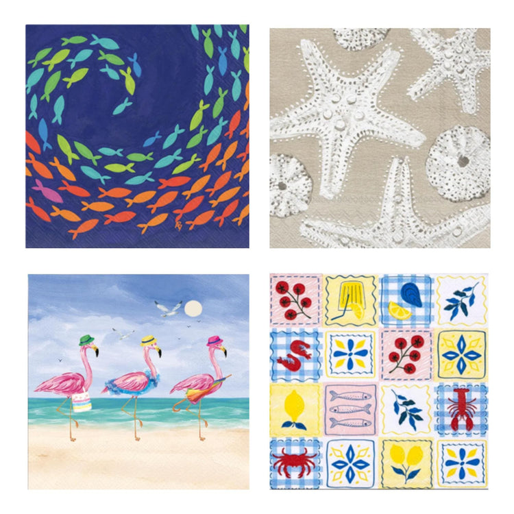 Coastal Decoupage Napkin Set, Beach Paper Napkins, Crab, Lobster, Fish, Starfish (Set of 15)