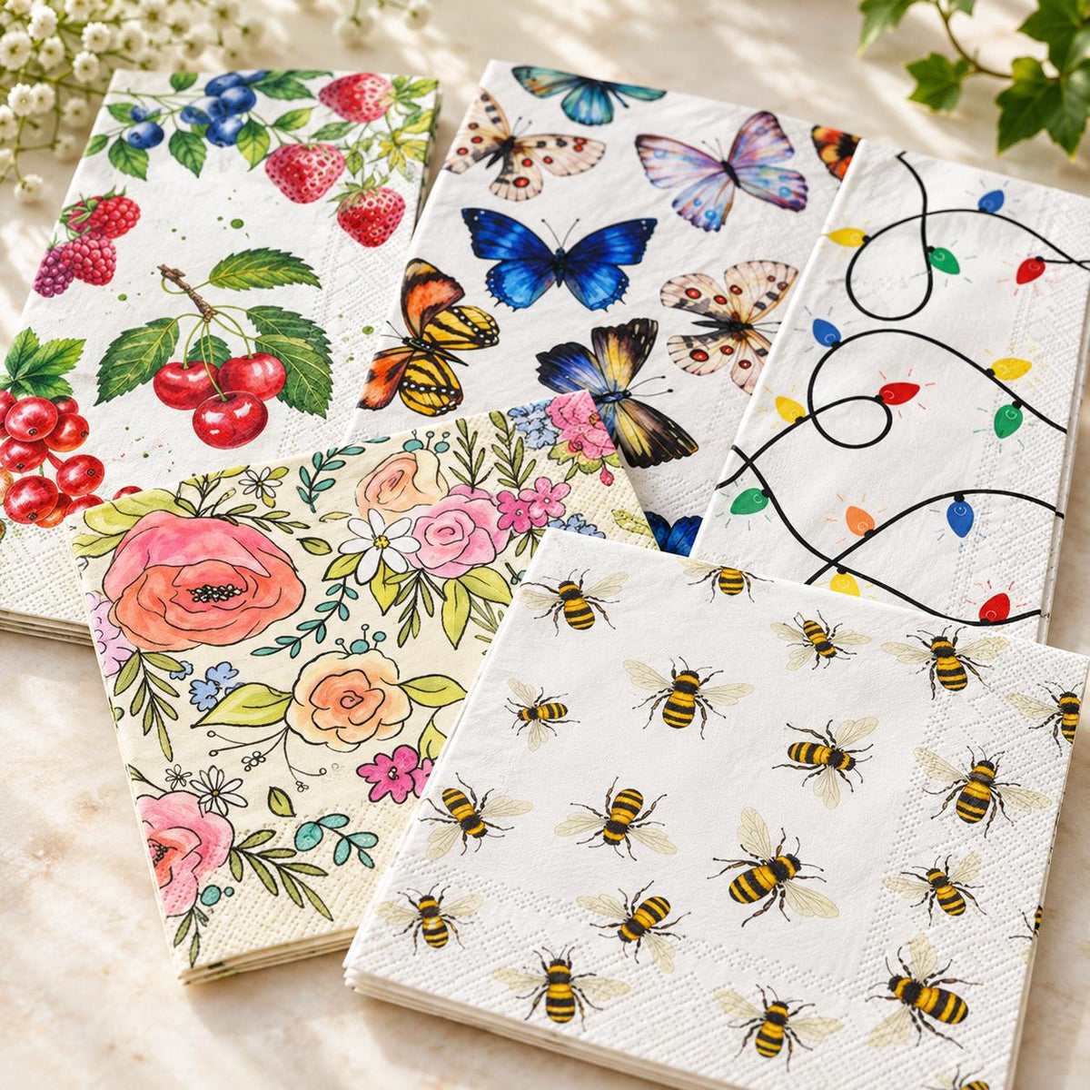 40-Piece Decoupage Napkin Variety Pack, Floral, Christmas, Halloween, Animal, Fruit Themes