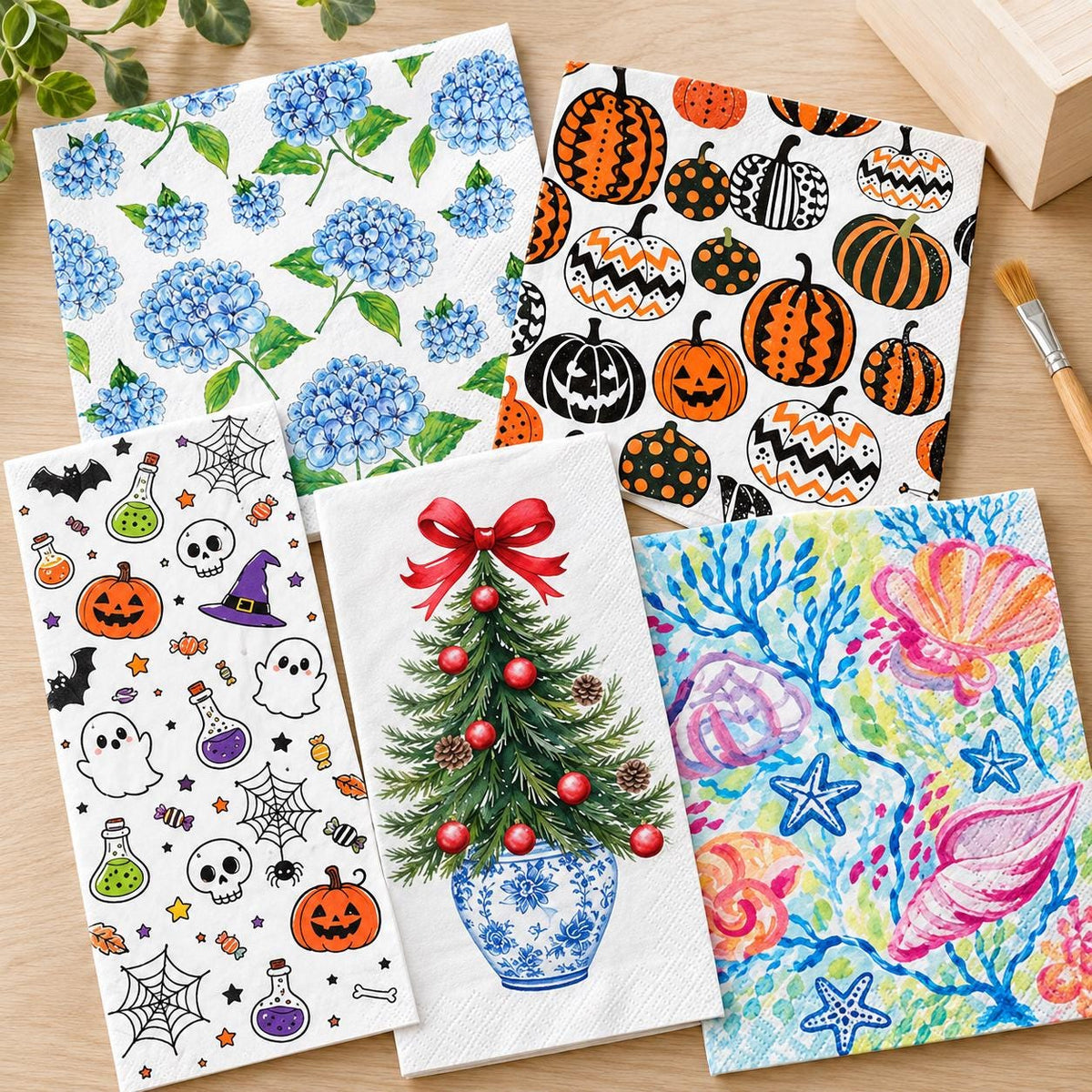 40-Piece Decoupage Napkin Variety Pack, Floral, Christmas, Halloween, Animal, Fruit Themes