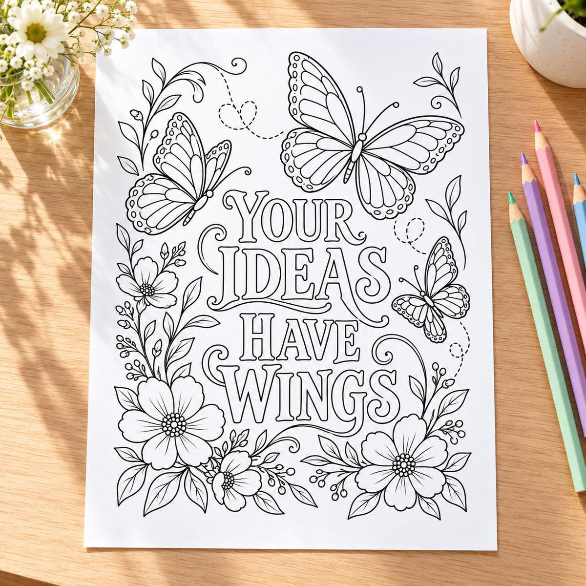 Motivational Coloring Pages for Adults, 24 Floral Doodle Designs, Printable PDF, Instant Download