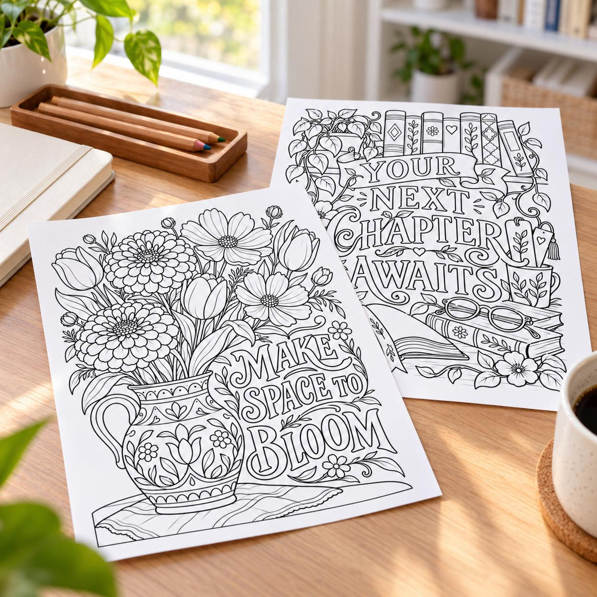 Motivational Coloring Pages for Adults, 24 Floral Doodle Designs, Printable PDF, Instant Download