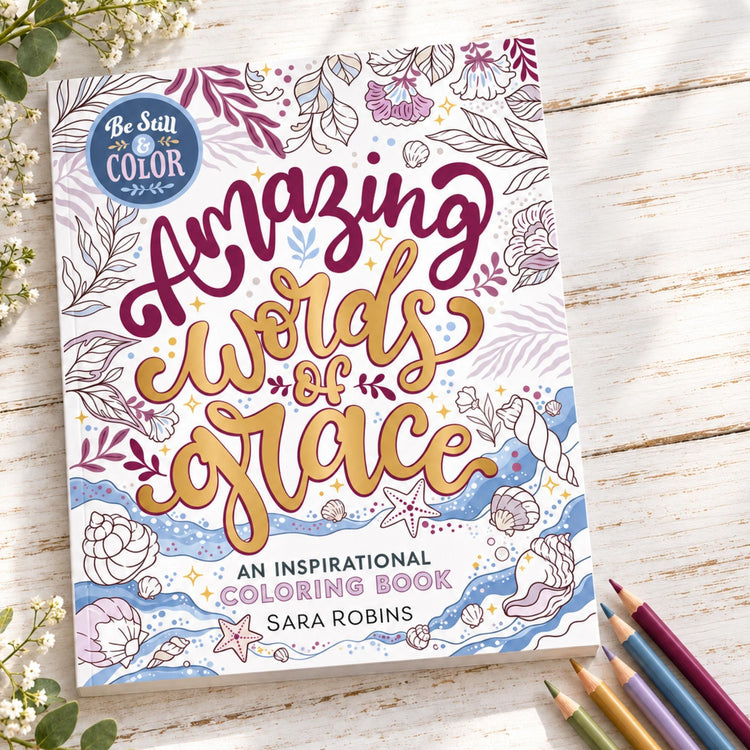 Words of Grace Coloring Book, 12 Colored Pencils, Encouragement Cards Gift Set