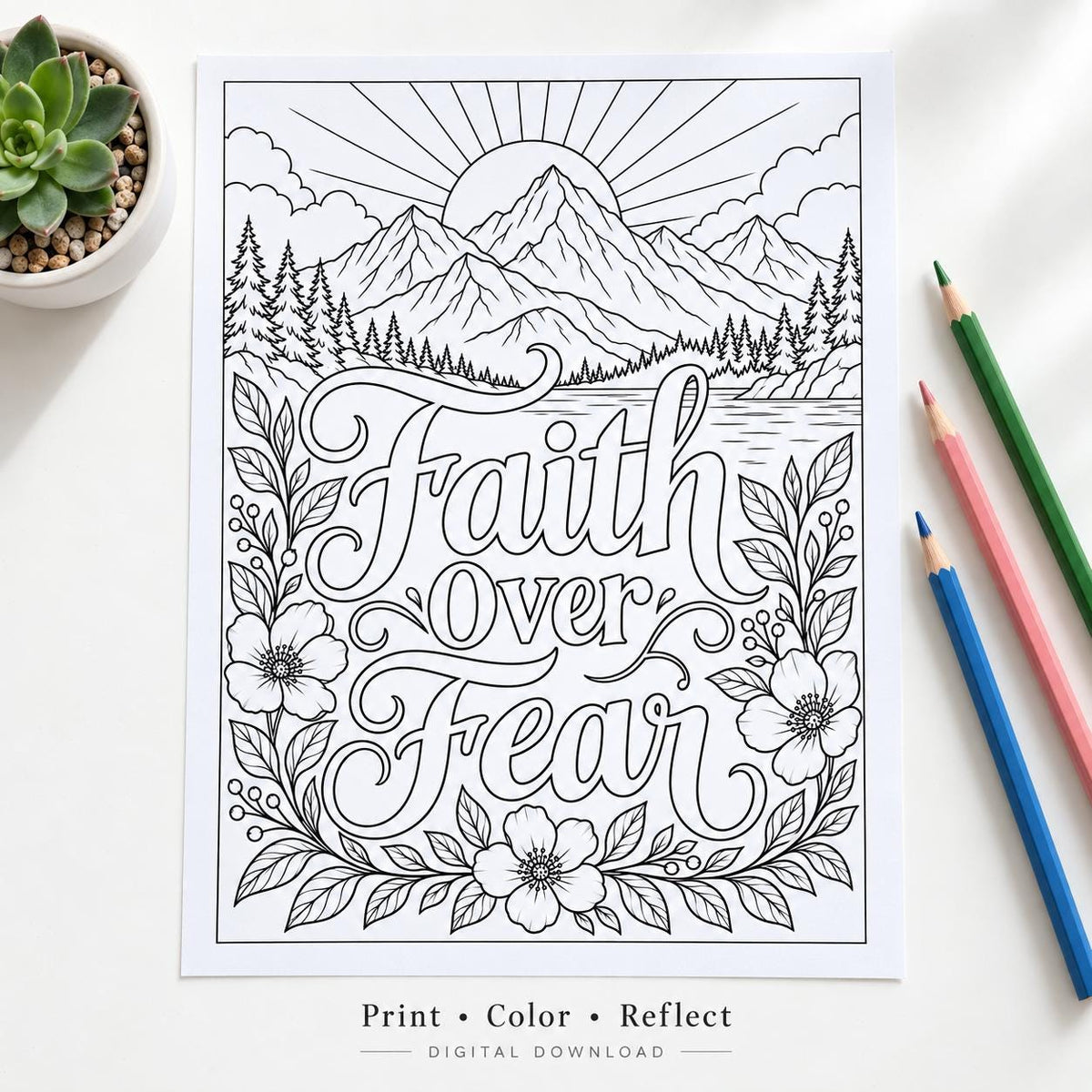 Christian Coloring Pages for Adults, Faith Inspired Floral and Cross Designs, Printable PDF Coloring Book