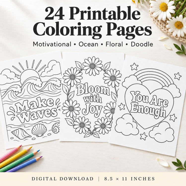 Motivational Coloring Pages Variety Pack, 24 Printable Inspirational Designs, Adult Coloring PDF